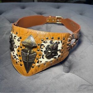 Vintage Tequila Brown, Statement Leather Belt with Metal Embellishments, Western